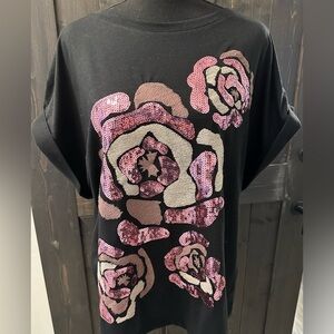Remi James Shades of Pink Floral Sequin Black Casual Top - Size XL